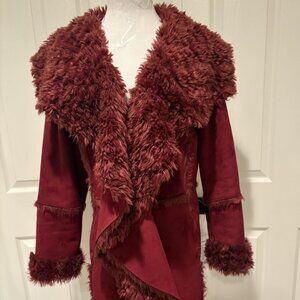 Fabulous Furs~Donna Salyer's Burgundy Faux Suede/Faux Fur Wrap Coat~Size S